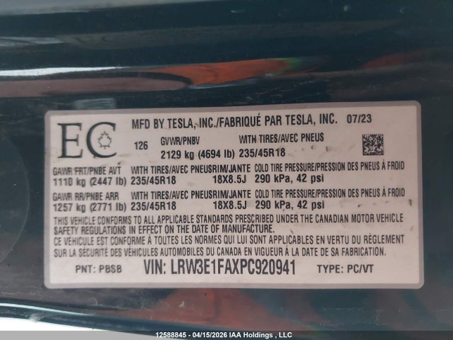 12588845 :رقم المزاد ، LRW3E1FAXPC920941 vin ، 2023 Tesla Model 3 Rwd مزاد بيع