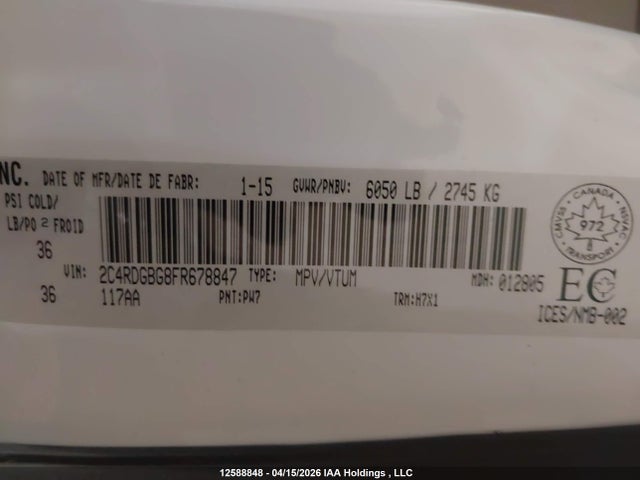 2C4RDGBG8FR678847 Dodge Grand Caravan Se/sxt