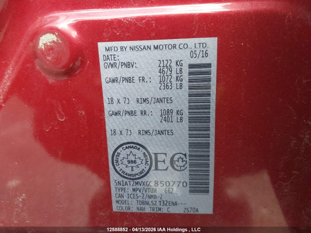 5N1AT2MVXGC850770 Nissan Rogue S/sl Premium/sv