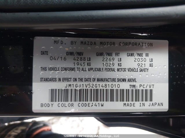 Aukcja sprzedaży 2016 Mazda 6 Touring, vin: JM1GJ1V52G1481010, numer aukcji: 12588861