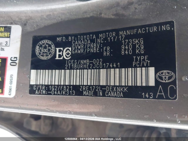 2018 Toyota Corolla L/le/xle/se/xse მანქანა იყიდება აუქციონზე, vin: 2T1BURHE2JC017441, აუქციონის ნომერი: 12588864