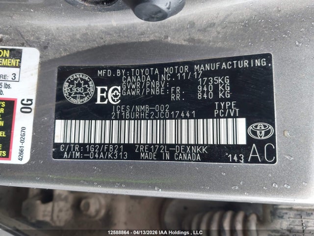 2018 Toyota Corolla L/le/xle/se/xse მანქანა იყიდება აუქციონზე, vin: 2T1BURHE2JC017441, აუქციონის ნომერი: 12588864
