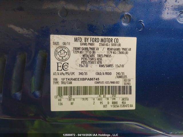 2011 Ford Ranger Sport მანქანა იყიდება აუქციონზე, vin: 1FTKR4EEXBPA86745, აუქციონის ნომერი: 12588872