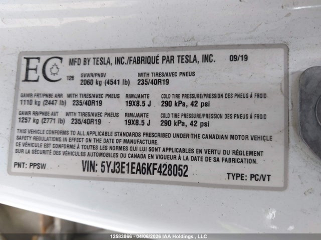 Продаж на аукціоні авто 2019 Tesla Model 3 Long Range/mid Range/standard Range/standard Range Plus, vin: 5YJ3E1EA6KF428052, номер лоту: 12583866