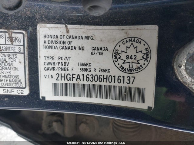 12588881 :رقم المزاد ، 2HGFA16306H016137 vin ، 2006 Honda Civic Dx Vp مزاد بيع