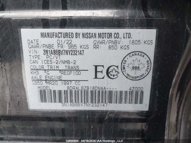 Продажа на аукционе авто 2022 Nissan Sentra S/s Plus, vin: 3N1AB8BV7NY232147, номер лота: 12588884