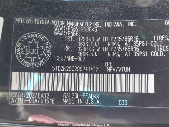 12588889 :رقم المزاد ، 5TDZK29C29S241417 vin ، 2009 Toyota Sienna Ce مزاد بيع