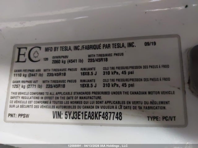 Продажа на аукционе авто 2019 Tesla Model 3 Long Range/mid Range/standard Range/standard Range Plus, vin: 5YJ3E1EA8KF487748, номер лота: 12588891