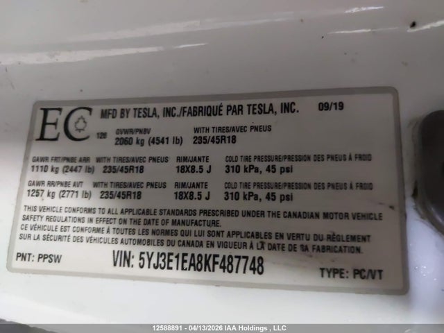 Продажа на аукционе авто 2019 Tesla Model 3 Long Range/mid Range/standard Range/standard Range Plus, vin: 5YJ3E1EA8KF487748, номер лота: 12588891