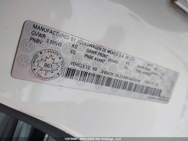 12579060 :رقم المزاد ، 3VW2K7AJ1BM347398 vin ، 2011 Volkswagen Jetta 2.0l Trendline/2.0l Trendline+ مزاد بيع
