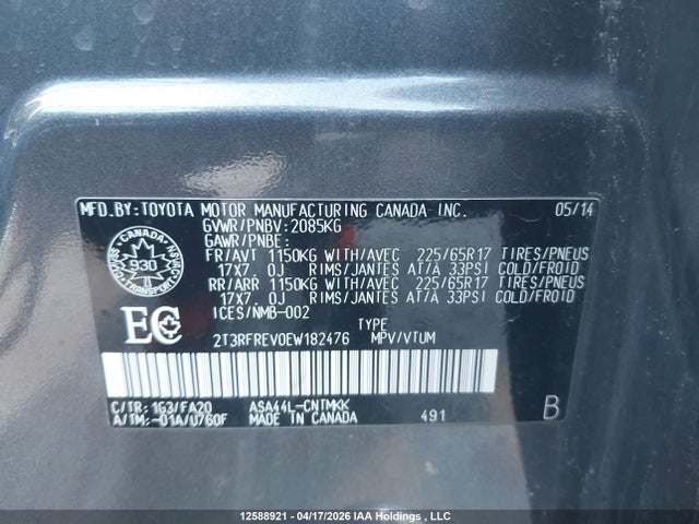 12588921 :رقم المزاد ، 2T3RFREV0EW182476 vin ، 2014 Toyota Rav4 Xle مزاد بيع