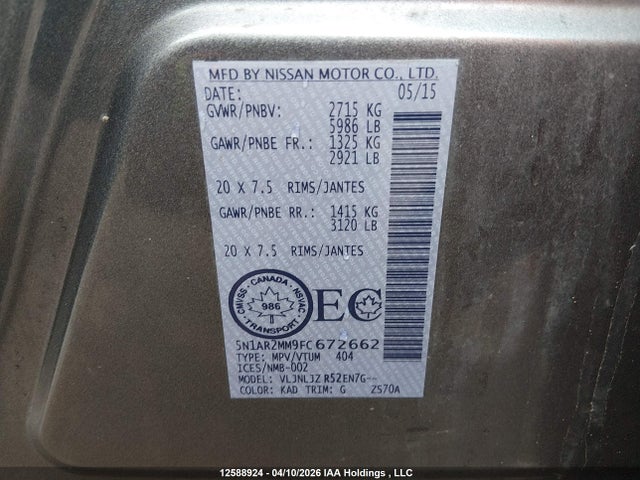 Aukcja sprzedaży 2015 Nissan Pathfinder S/sv/sl/platinum, vin: 5N1AR2MM9FC672662, numer aukcji: 12588924