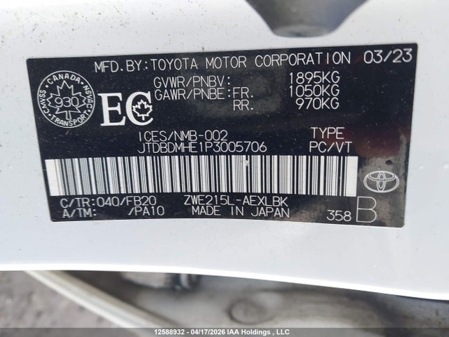 Продажа на аукционе авто 2023 Toyota Corolla Hybrid Le, vin: JTDBDMHE1P3005706, номер лота: 12588932