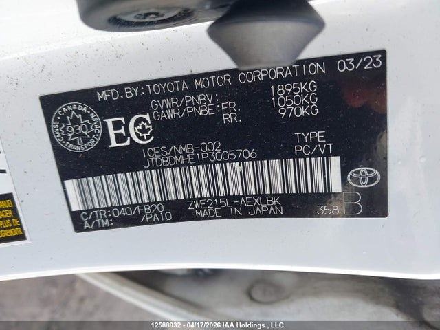 Продажа на аукционе авто 2023 Toyota Corolla Hybrid Le, vin: JTDBDMHE1P3005706, номер лота: 12588932