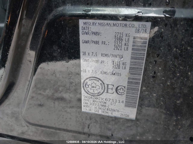 Auction sale of the 2018 Nissan Pathfinder S/sv/sl/platinum, vin: 5N1DR2MM7JC675114, lot number: 12588935