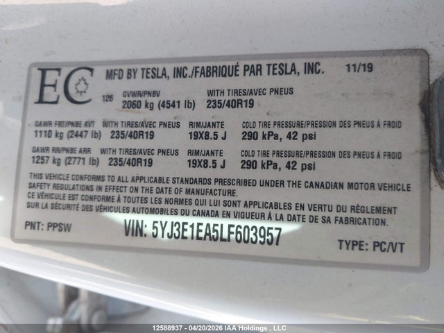 Aukcja sprzedaży 2020 Tesla Model 3, vin: 5YJ3E1EA5LF603957, numer aukcji: 12588937