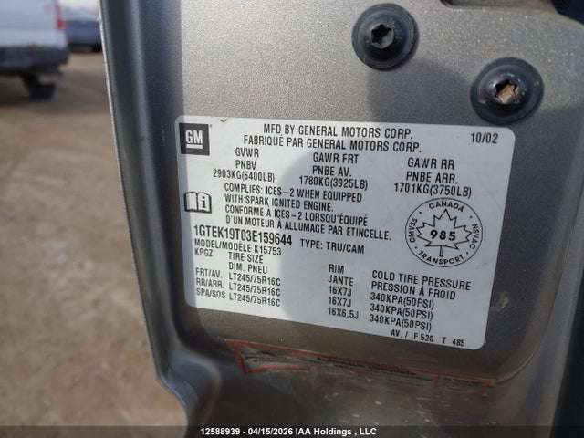 Aukcja sprzedaży 2003 Gmc Sierra 1500 Sl/sle/slt, vin: 1GTEK19T03E159644, numer aukcji: 12588939