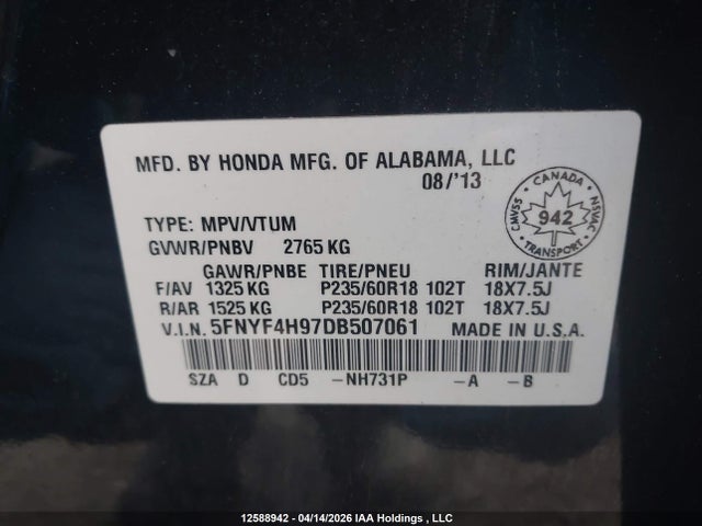 Продаж на аукціоні авто 2013 Honda Pilot Touring, vin: 5FNYF4H97DB507061, номер лоту: 12588942