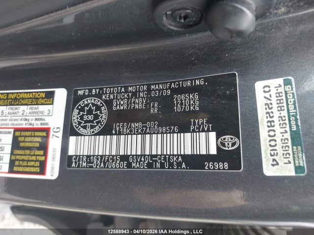 2010 Toyota Camry Se V6 მანქანა იყიდება აუქციონზე, vin: 4T1BK3EK7AU098576, აუქციონის ნომერი: 12588943