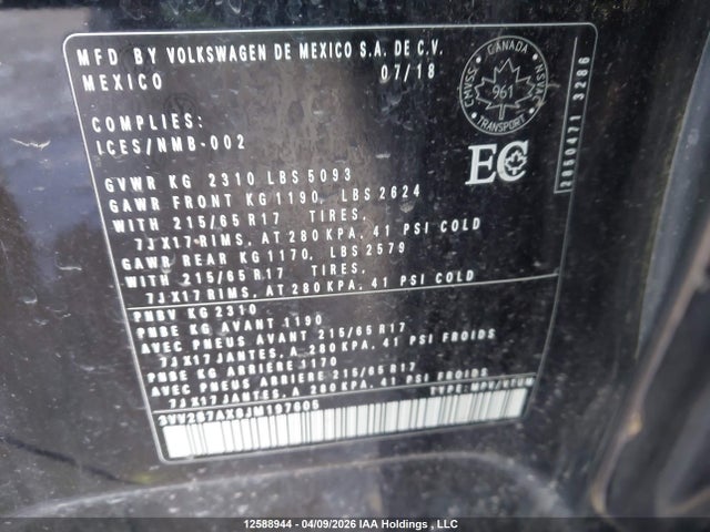 2018 Volkswagen Tiguan Comfortline მანქანა იყიდება აუქციონზე, vin: 3VV2B7AX8JM197605, აუქციონის ნომერი: 12588944