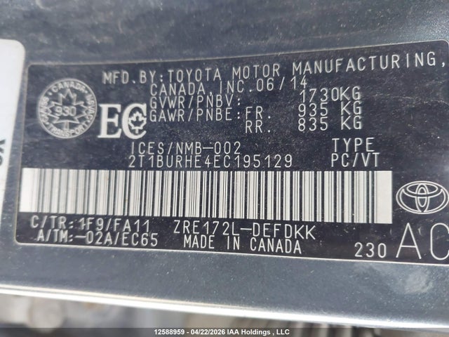 12588959 :رقم المزاد ، 2T1BURHE4EC195129 vin ، 2014 Toyota Corolla Ce مزاد بيع