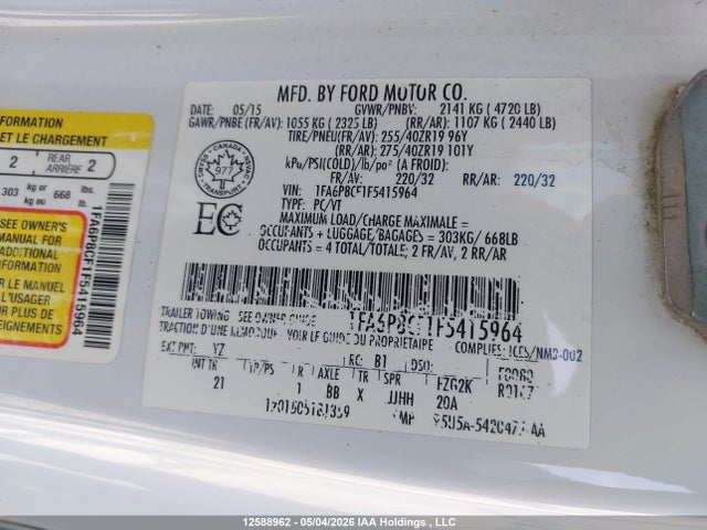 Продаж на аукціоні авто 2015 Ford Mustang Gt, vin: 1FA6P8CF1F5415964, номер лоту: 12588962