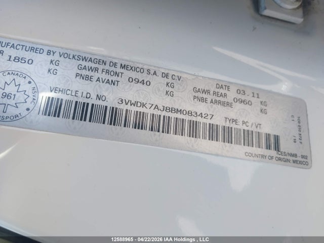 12588965 :رقم المزاد ، 3VWDK7AJ8BM083427 vin ، 2011 Volkswagen Jetta مزاد بيع