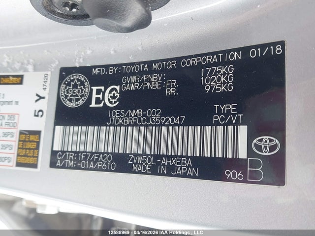 12588969 :رقم المزاد ، JTDKBRFU0J3592047 vin ، 2018 Toyota Prius مزاد بيع