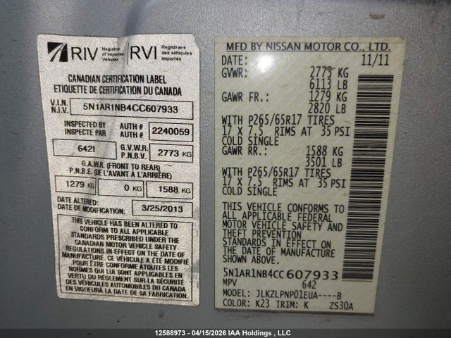 2012 Nissan Pathfinder S/le/se მანქანა იყიდება აუქციონზე, vin: 5N1AR1NB4CC607933, აუქციონის ნომერი: 12588973