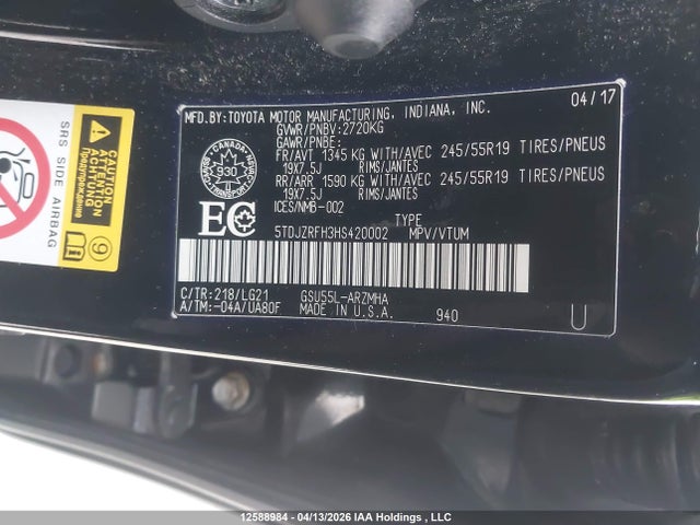 Aukcja sprzedaży 2017 Toyota Highlander Se/xle, vin: 5TDJZRFH3HS420002, numer aukcji: 12588984