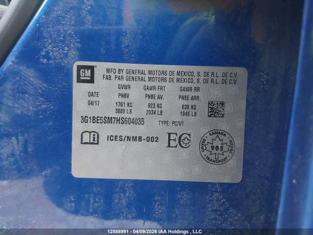 2017 Chevrolet Cruze Lt მანქანა იყიდება აუქციონზე, vin: 3G1BE5SM7HS604035, აუქციონის ნომერი: 12588991