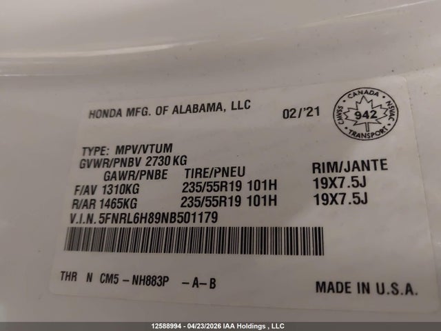 5FNRL6H89NB501179 Honda Odyssey Touring