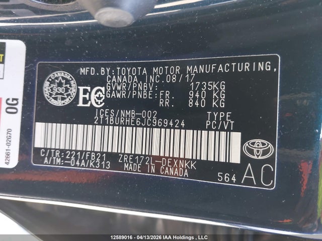 2T1BURHE6JC969424 Toyota COROLLA LE