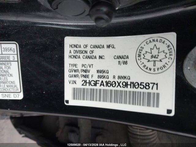 Продаж на аукціоні авто 2009 Honda Civic Ex-l, vin: 2HGFA160X9H105871, номер лоту: 12589020
