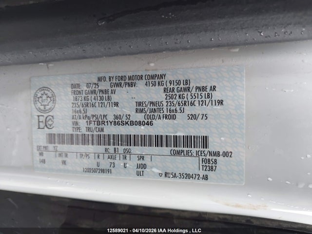 Продаж на аукціоні авто 2025 Ford Transit T-250, vin: 1FTBR1Y86SKB08046, номер лоту: 12589021