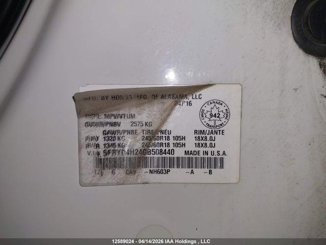 Aukcja sprzedaży 2016 Acura Mdx, vin: 5FRYD4H24GB508440, numer aukcji: 12589024