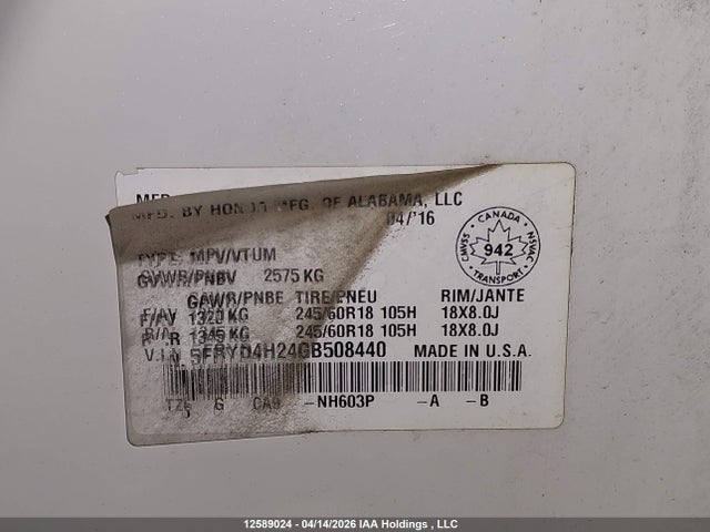 Aukcja sprzedaży 2016 Acura Mdx, vin: 5FRYD4H24GB508440, numer aukcji: 12589024