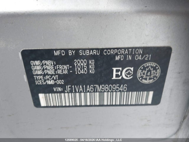 Продаж на аукціоні авто 2021 Subaru Wrx, vin: JF1VA1A67M9809546, номер лоту: 12589025