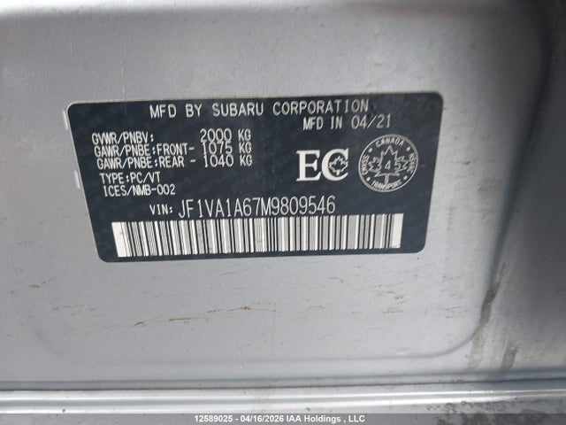 Продаж на аукціоні авто 2021 Subaru Wrx, vin: JF1VA1A67M9809546, номер лоту: 12589025