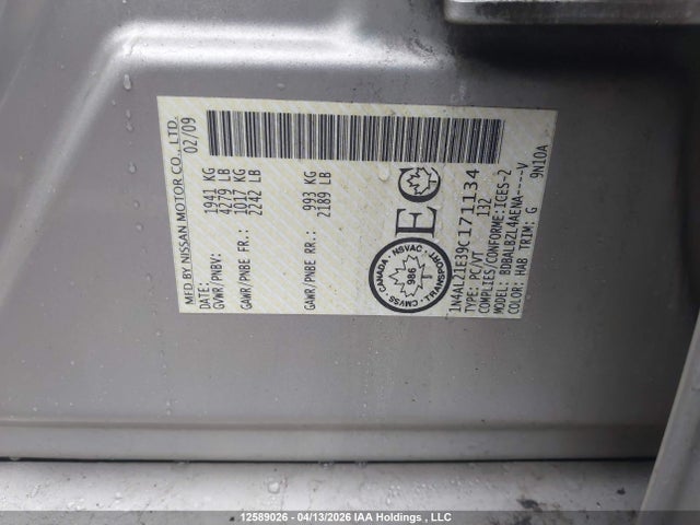 Продажа на аукционе авто 2009 Nissan Altima 2.5/2.5s, vin: 1N4AL21E39C171134, номер лота: 12589026