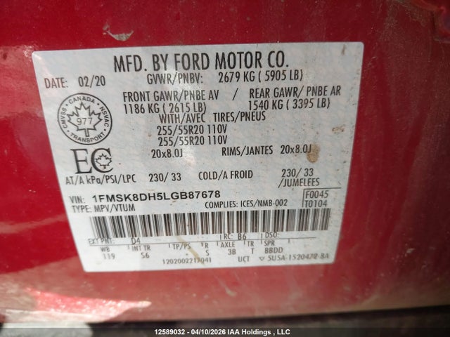1FMSK8DH5LGB87678 Ford EXPLORER XLT