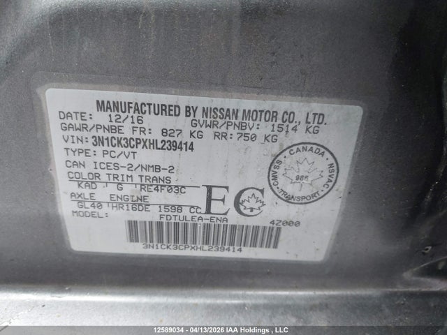 3N1CK3CPXHL239414 Nissan Micra S/sr/sv