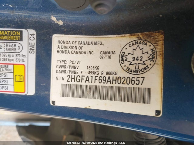 2010 Honda Civic Sport მანქანა იყიდება აუქციონზე, vin: 2HGFA1F69AH020657, აუქციონის ნომერი: 12578523