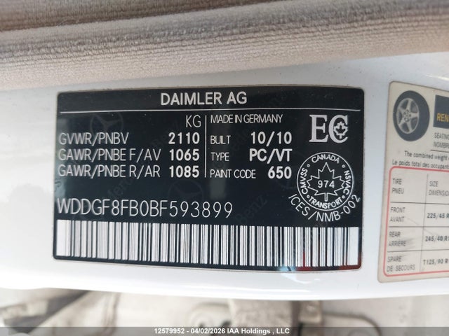 Aukcja sprzedaży 2011 Mercedes-benz C 250 4matic, vin: WDDGF8FB0BF593899, numer aukcji: 12579952