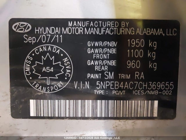 Продажа на аукционе авто 2012 Hyundai Sonata Gls, vin: 5NPEB4AC7CH369655, номер лота: 12589042