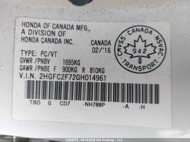 Aukcja sprzedaży 2016 Honda Civic, vin: 2HGFC2F72GH014961, numer aukcji: 12589070