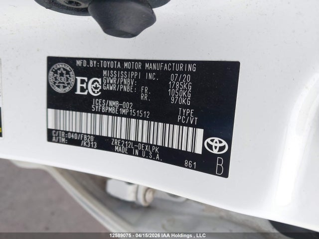 2021 Toyota Corolla Le მანქანა იყიდება აუქციონზე, vin: 5YFBPMBE1MP151512, აუქციონის ნომერი: 12589075