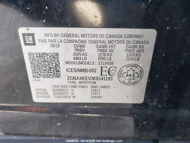 2019 Chevrolet Equinox Lt მანქანა იყიდება აუქციონზე, vin: 2GNAXKEV3K6141193, აუქციონის ნომერი: 12589079