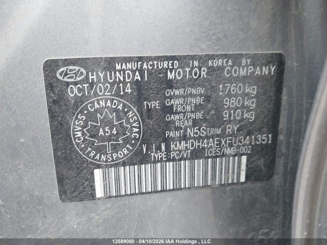12589080 :رقم المزاد ، KMHDH4AEXFU341351 vin ، 2015 Hyundai Elantra Se/sport/limited مزاد بيع