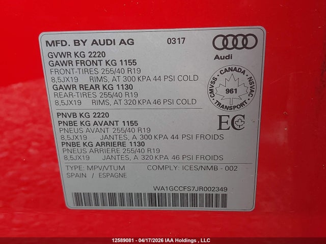 12589081 :رقم المزاد ، WA1GCCFS7JR002349 vin ، 2018 Audi Q3 Technik مزاد بيع
